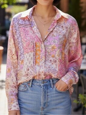 Zara Flowy Satin Button Down Shirt Floral Paisley New Pink Small